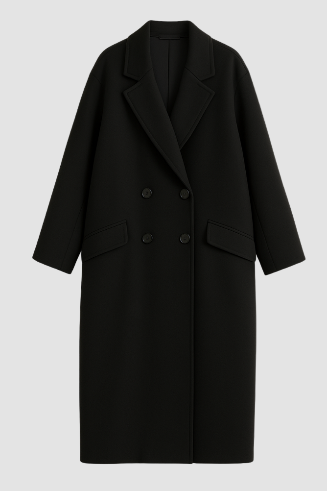 Dalvyn Women's Wool Overcoat – Double-Breasted Wool Coat – Studio View Black