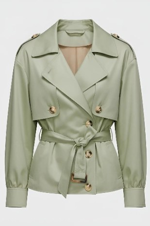 Light green trench coat with gold buttons on a white background