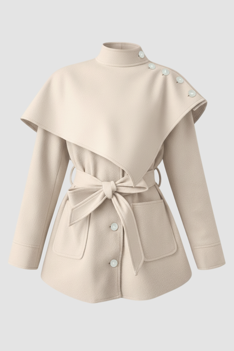 Model styling ELENZGA Wool Blend Long Coat for an elegant, minimalist winter look