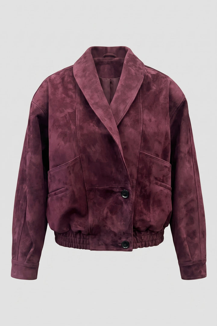 ELISE - Genuine Suede Leather Bomber Jacket, front view, deep burgundy, collared