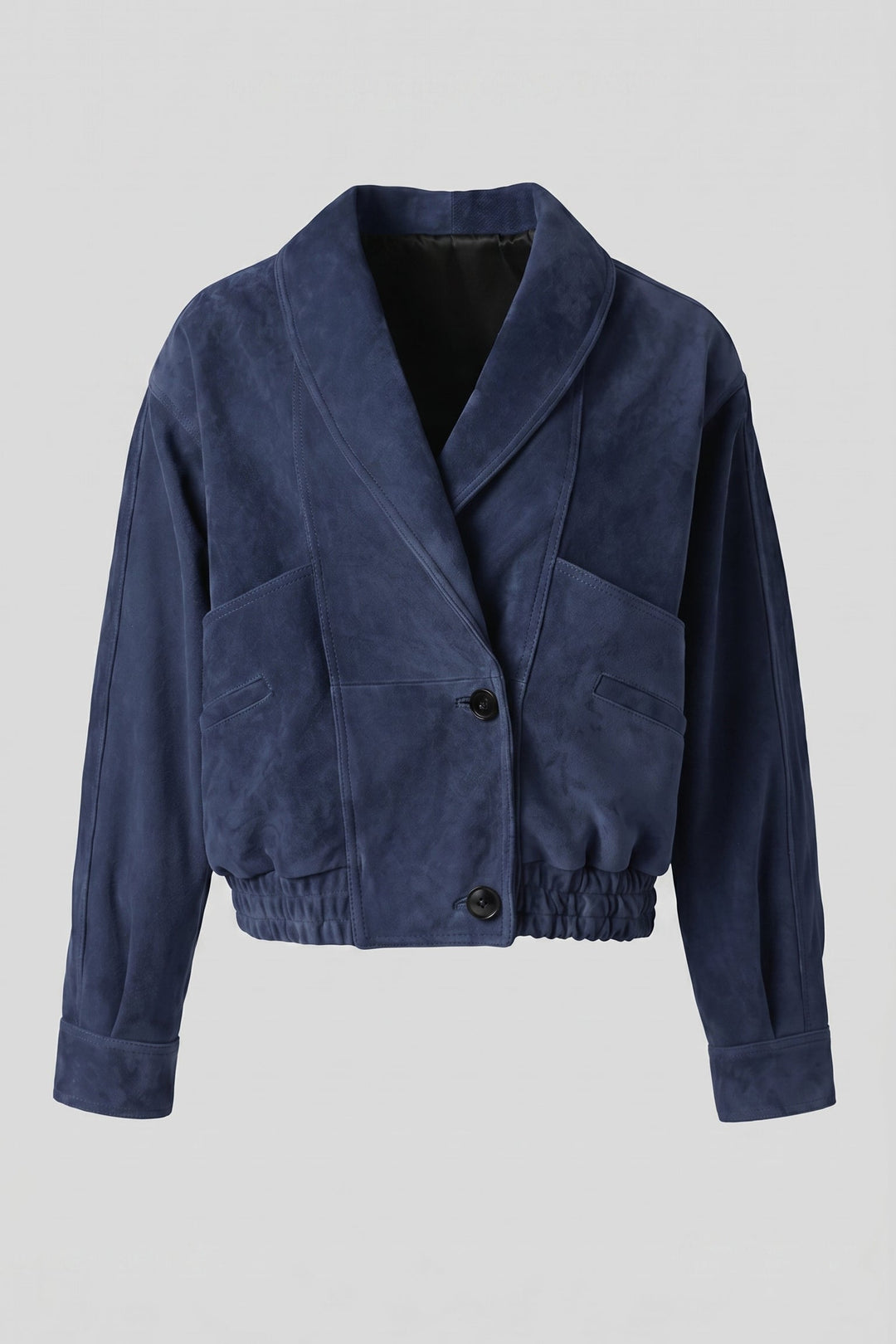 ELISE - Genuine Suede Leather Bomber Jacket, front view, navy blue, collared