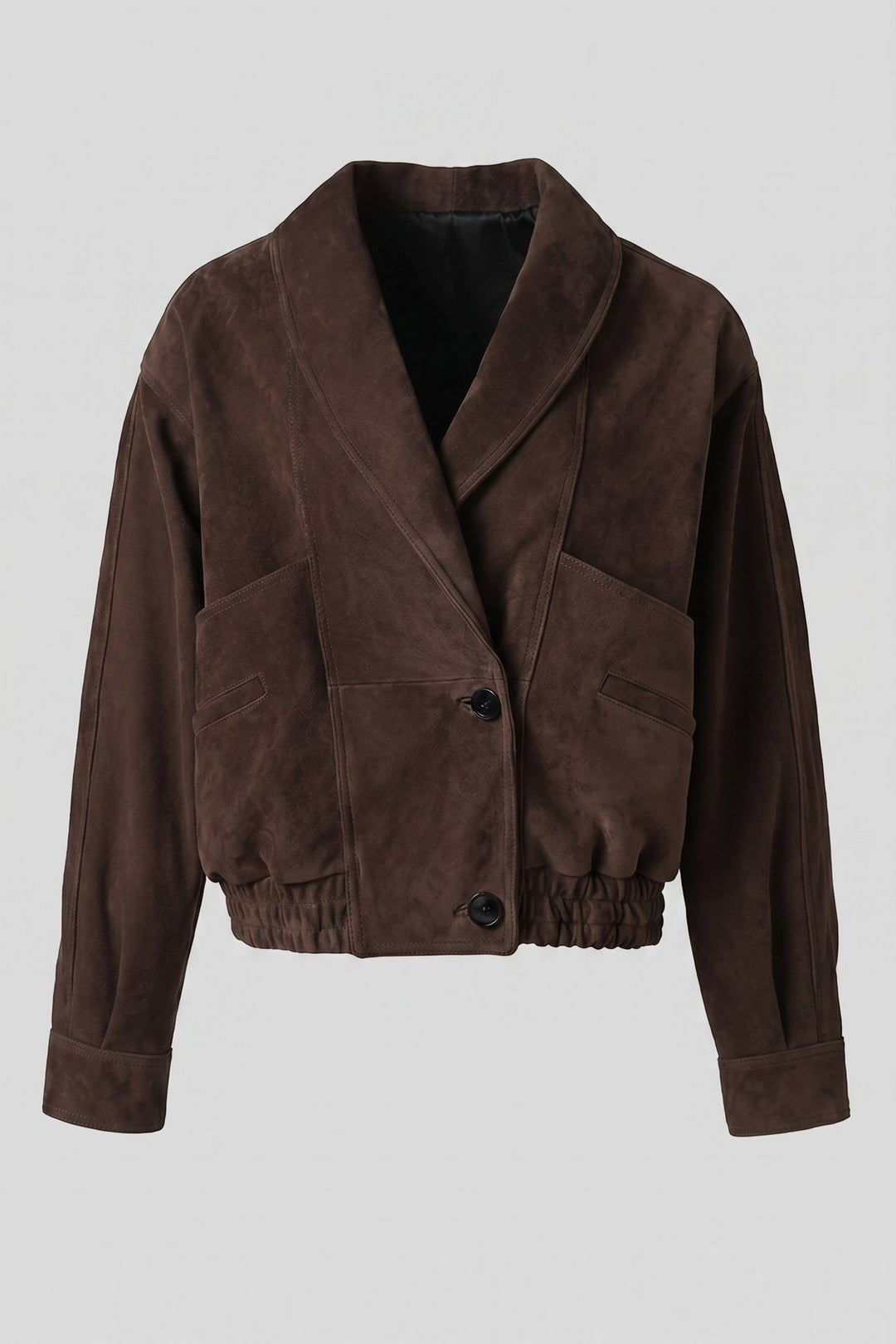ELISE - Genuine Suede Leather Bomber Jacket, front view, rich brown, collared