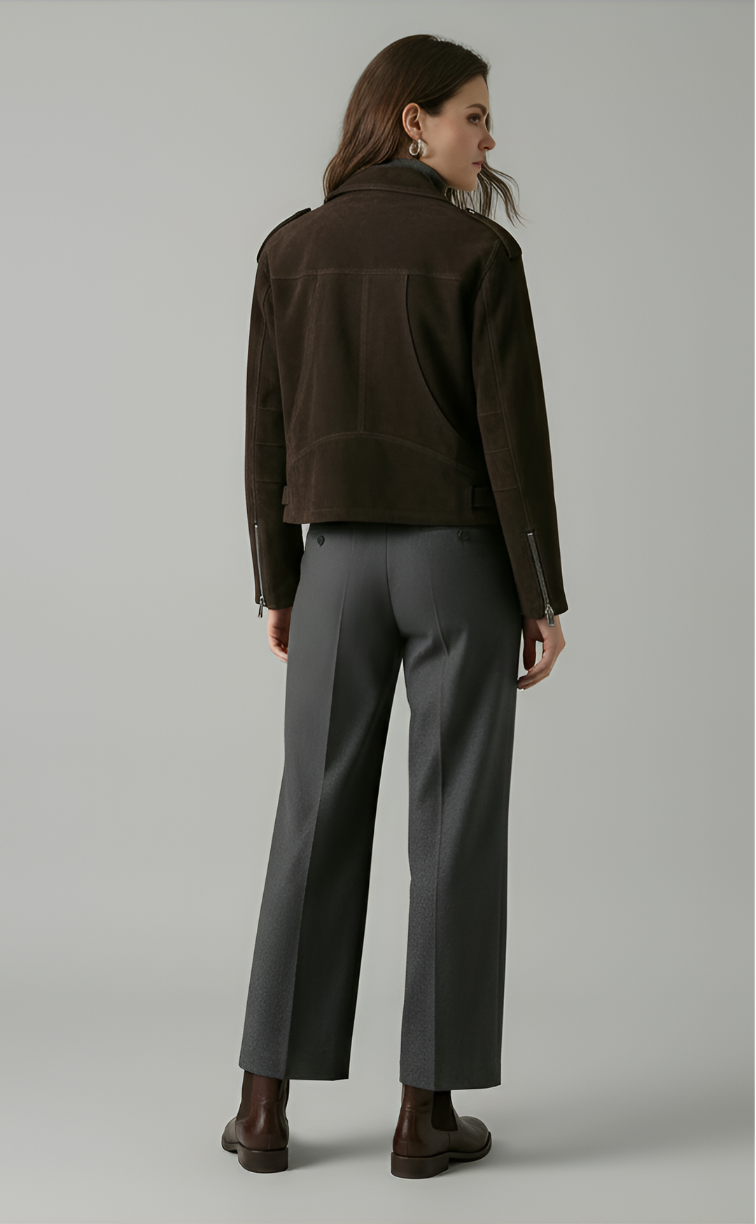 ELLA - Suede Motorbike Jacket, back view, brown
