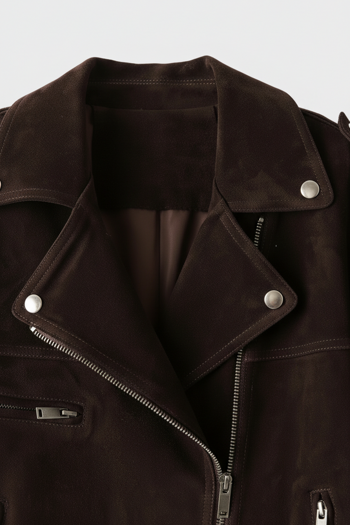 ELLA - Suede Motorbike Jacket, close-up, collar detail, brown
