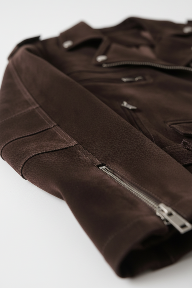 ELLA - Suede Motorbike Jacket, close-up, sleeve detail, brown