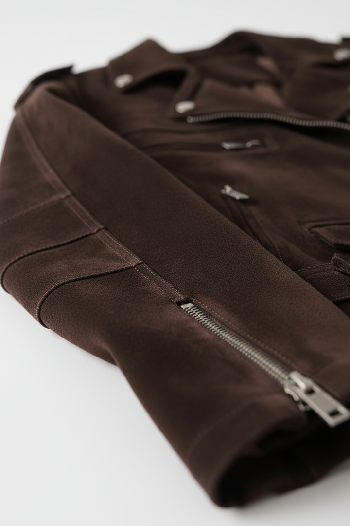 ELLA - Suede Motorbike Jacket, close-up, sleeve detail, brown