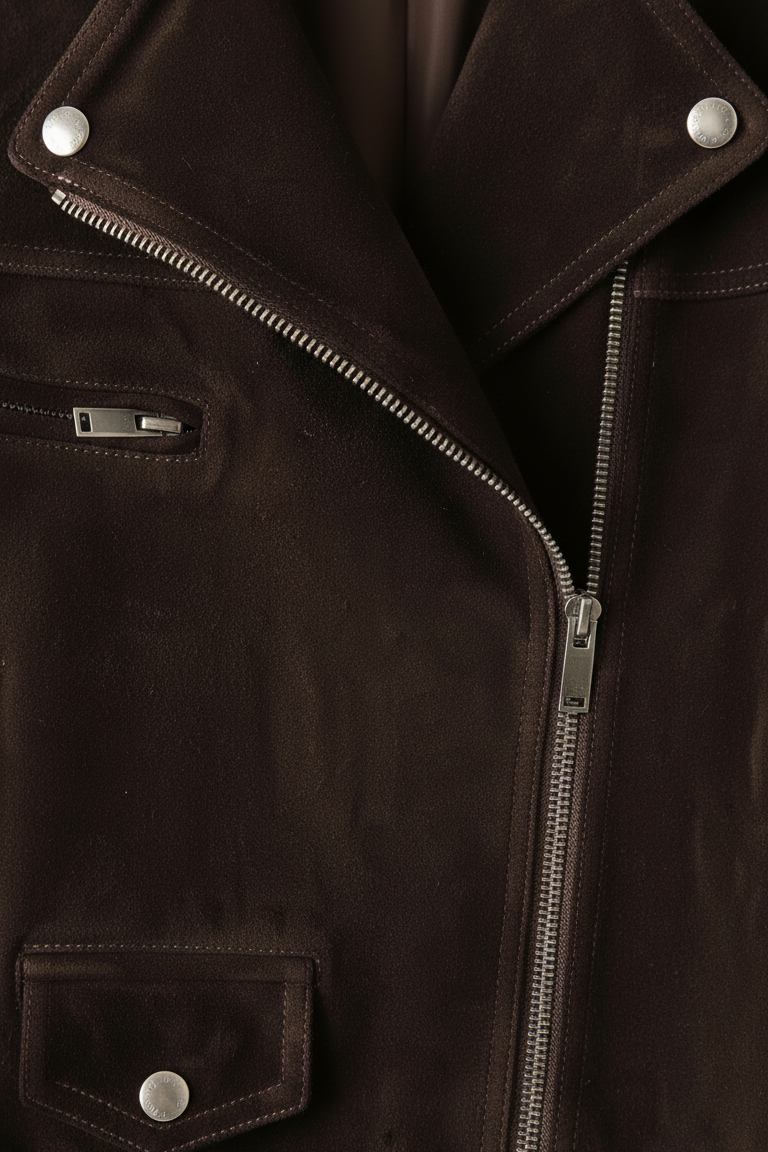 ELLA - Suede Motorbike Jacket, close-up, zipper detail, brown