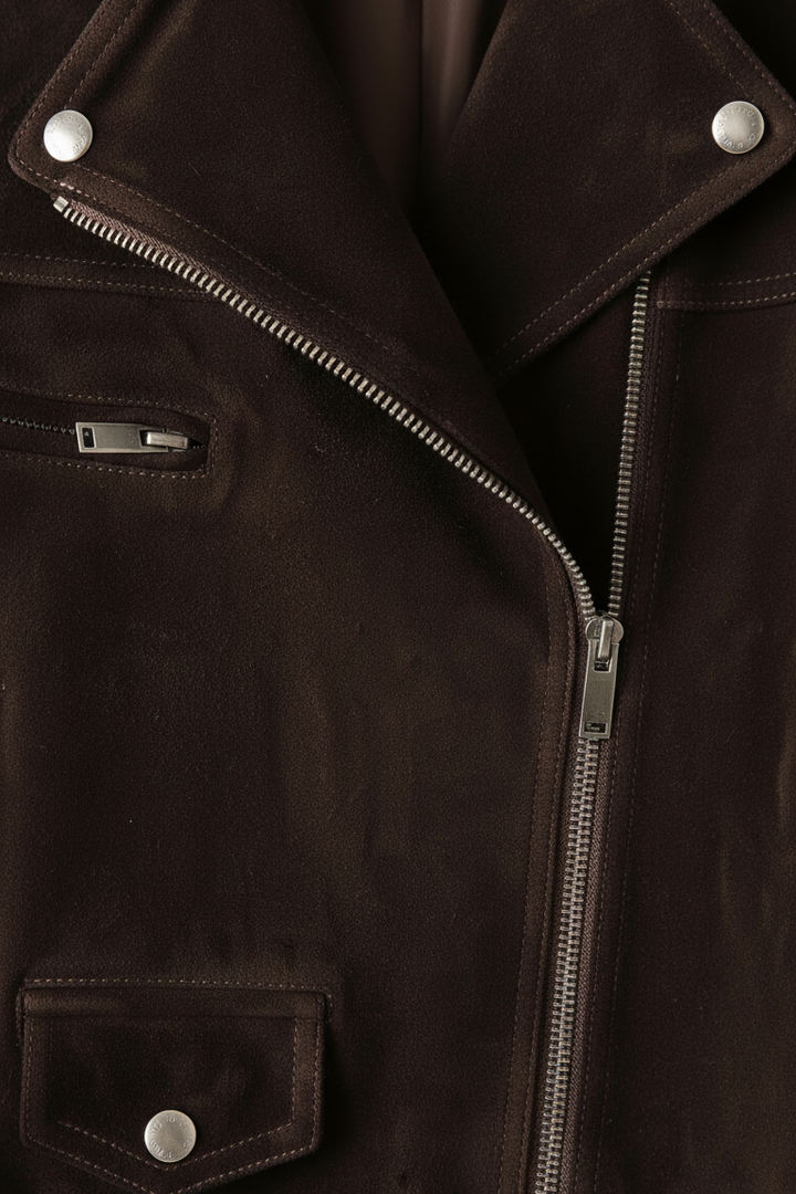 ELLA - Suede Motorbike Jacket, close-up, zipper detail, brown