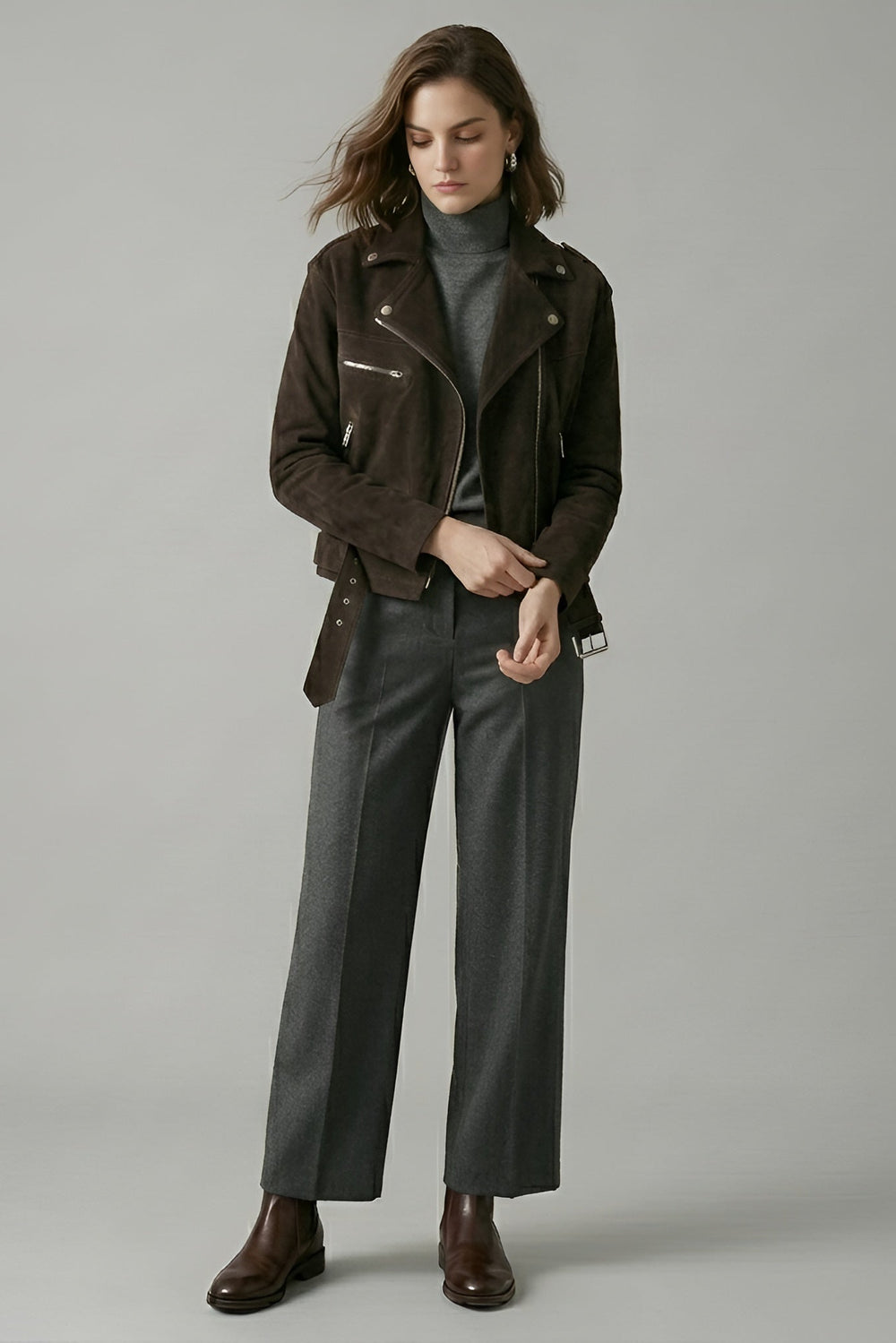 ELLA - Suede Motorbike Jacket, front view, brown