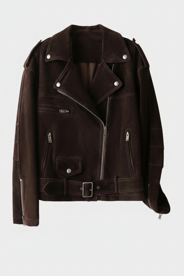 ELLA - Suede Motorbike Jacket, full shot, belted, brown
