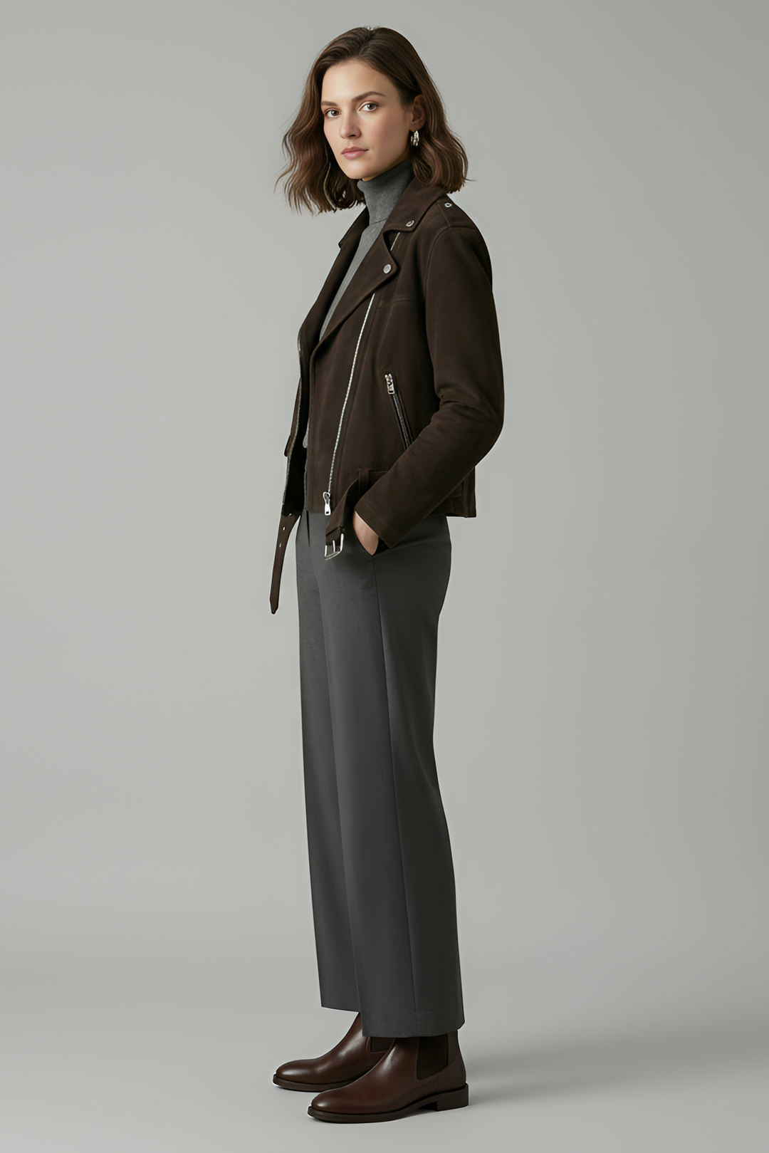 ELLA - Suede Motorbike Jacket, side view, brown