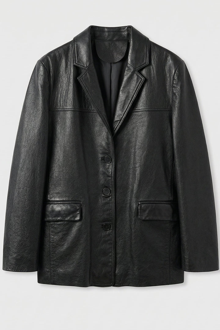 ELLIOTT - Luxury Waxed Sheepskin black leather blazer with button closure