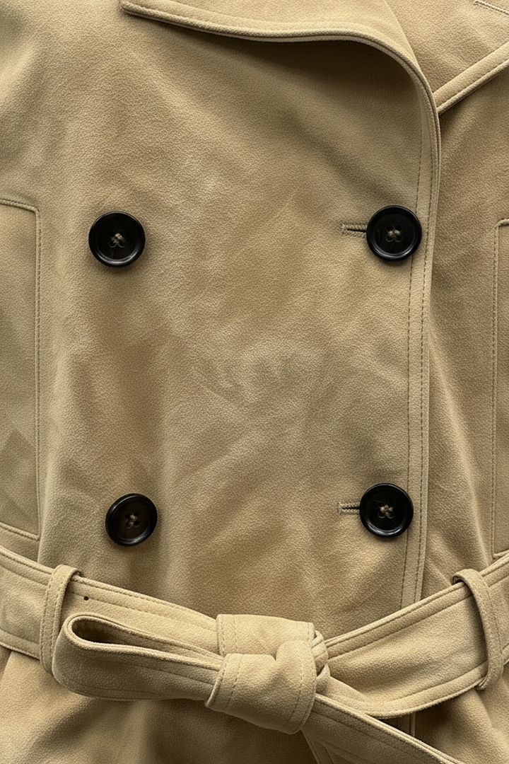 ELLIS - Suede Leather Trench Coat Buttons and Belt