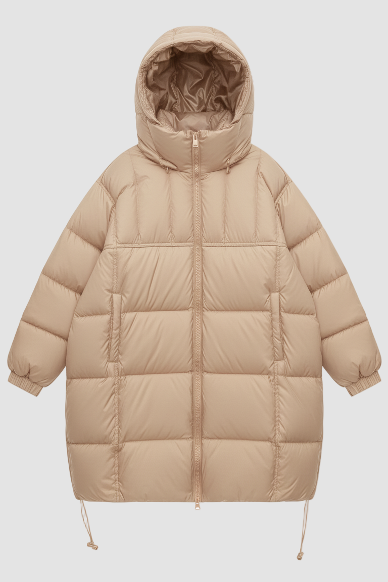 Beige puffer jacket with a hood on a white background