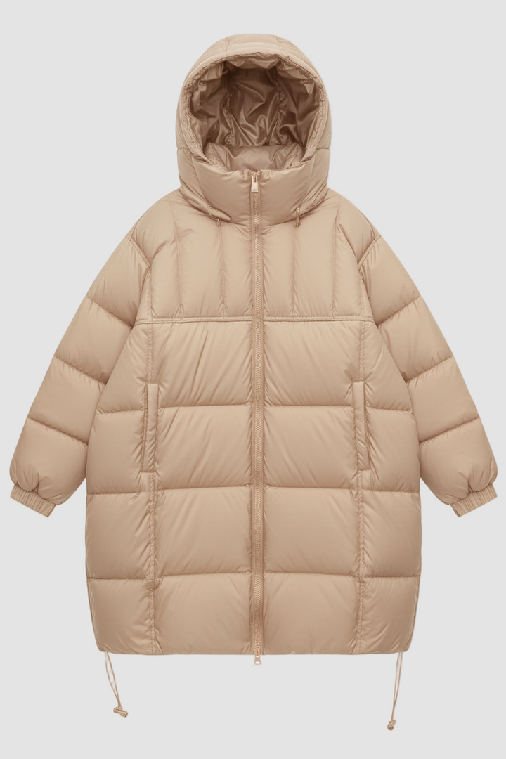 Beige puffer jacket with a hood on a white background