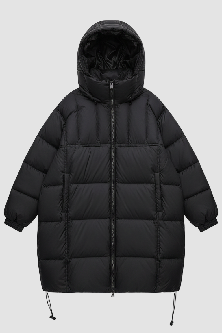Black puffer jacket on a white background