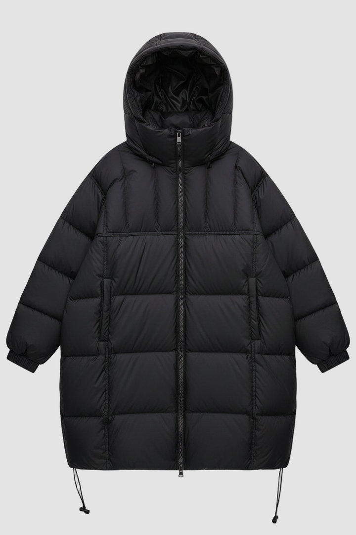 Black puffer jacket on a white background