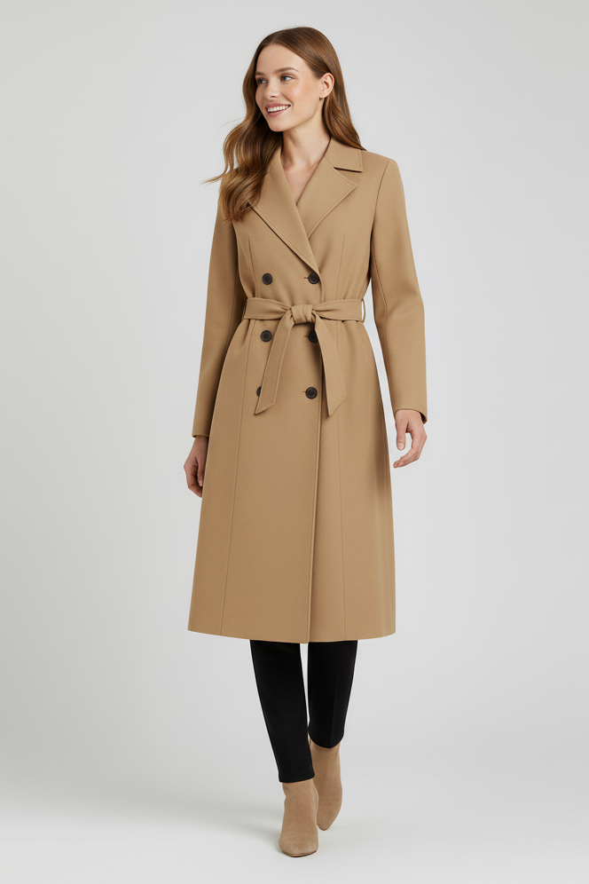Woman wearing a beige trench coat on a white background