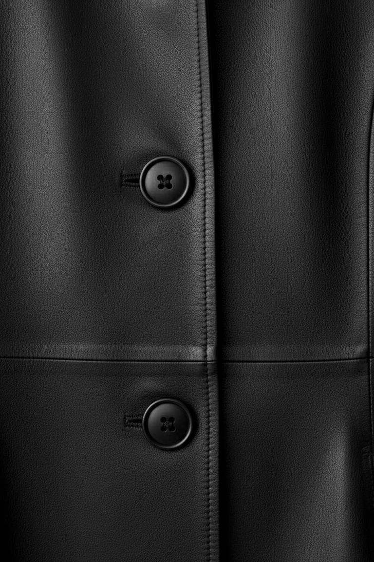 EMERSON - Long Belted Lea - tailored front, metal buttons, fine stitching