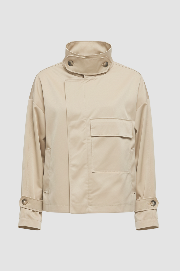 Back view of ENVARA waterproof trench coat showing long silhouette and clean seams.