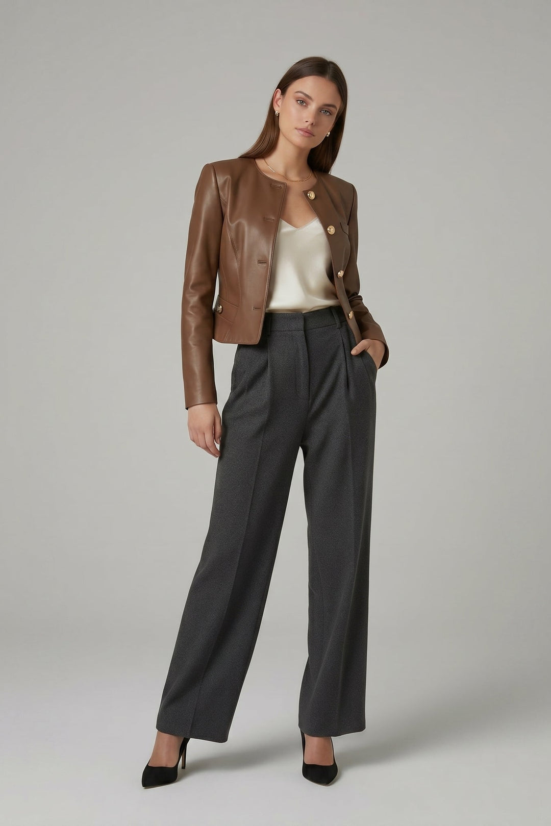 EVELYN - GENUINE SHEEPSKIN - Brown Leather cropped, front view