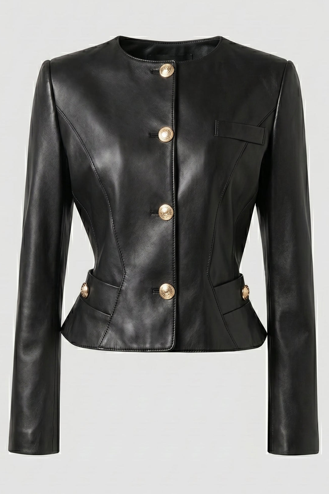 EVELYN - Genuine Sheepskin, black leather jacket, gold buttons, tailored fit, rounded neckline