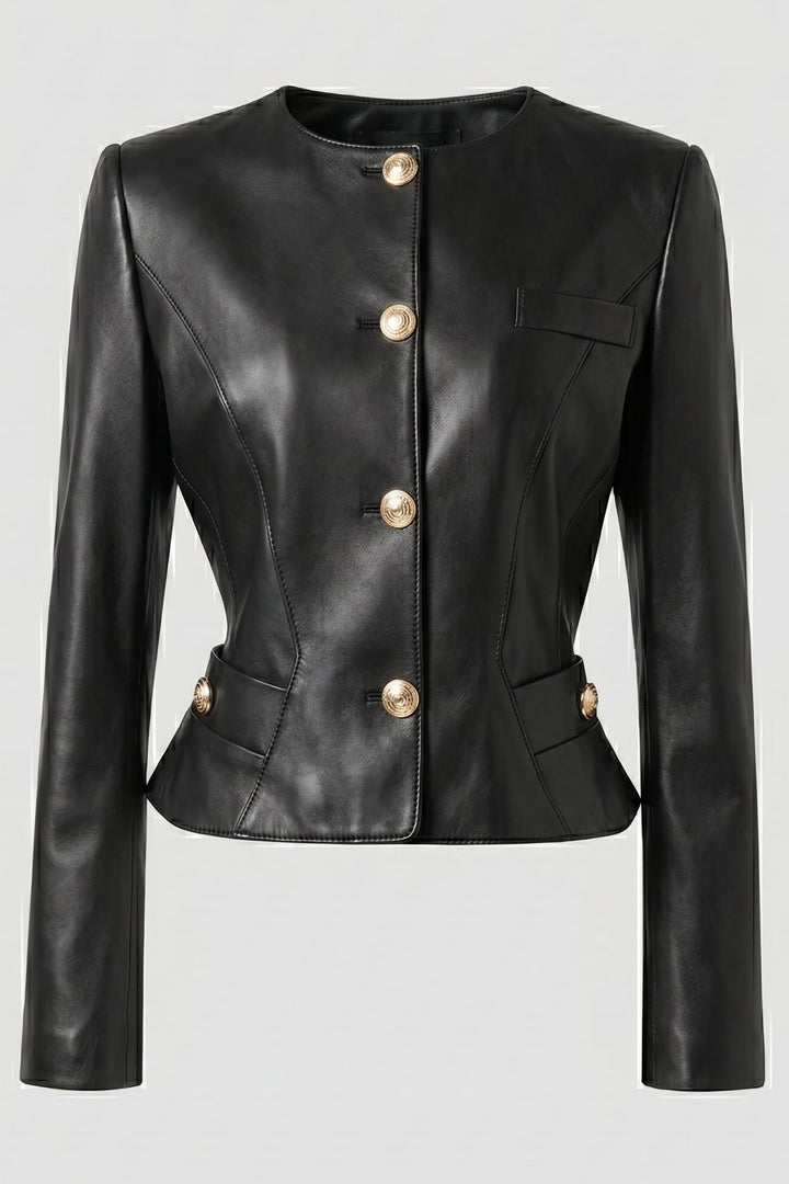 EVELYN - Genuine Sheepskin, black leather jacket, gold buttons, tailored fit, rounded neckline