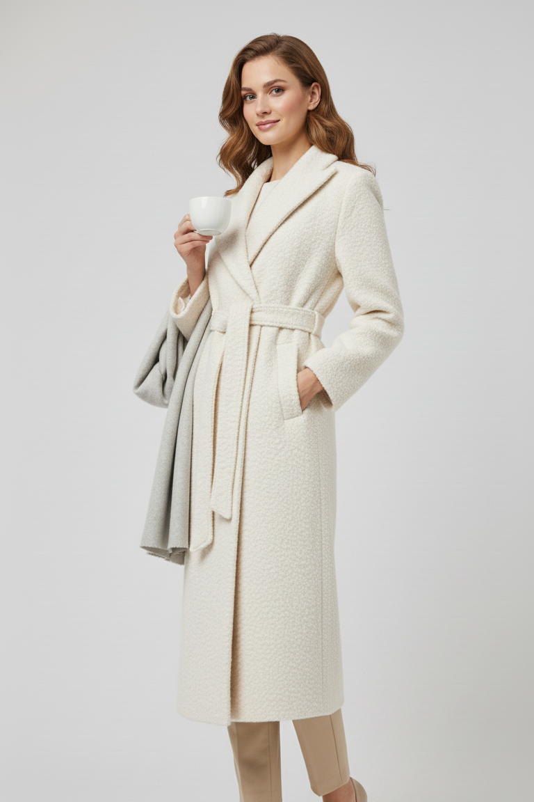 Close-up of EZWEAR Wool Blend Long Coat fabric showing smooth wool-blend finish and stitching.