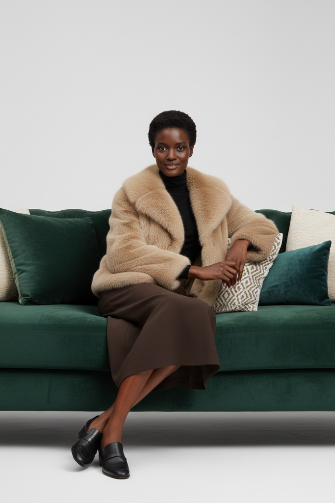 Elegant winter look with the RAELORA faux fur coat in a casual setting