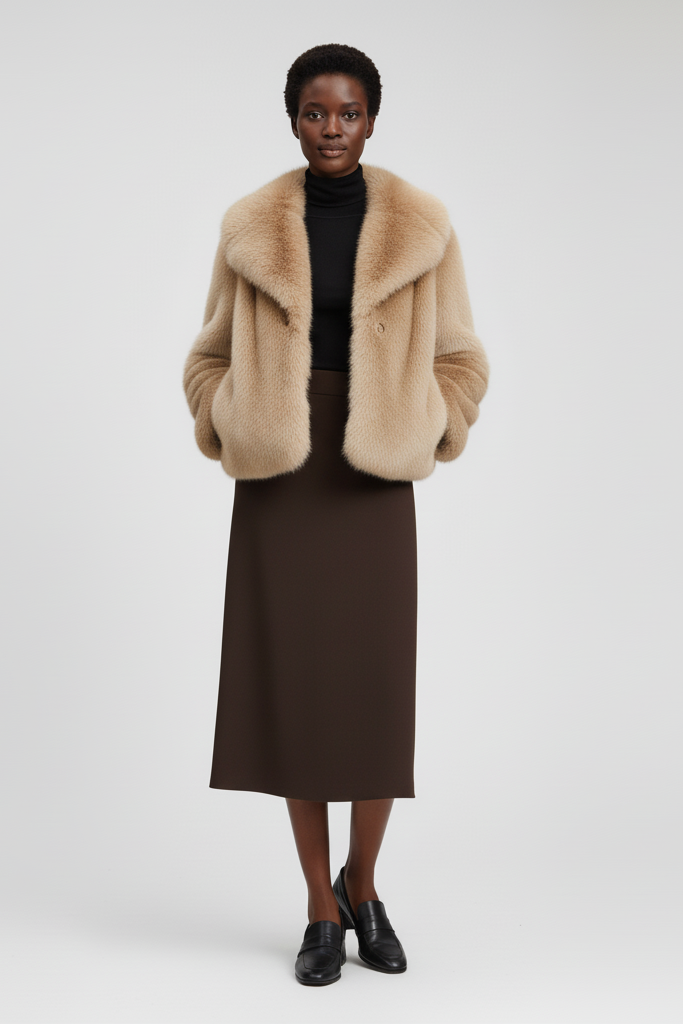 Elegant winter look with the RAELORA faux fur coat in a casual setting.