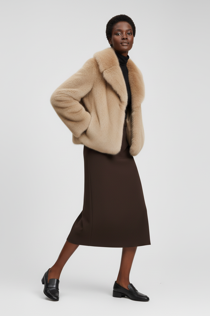 Elegant winter look with the RAELORA faux fur coat in a casual setting.