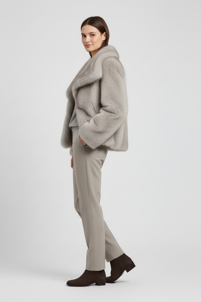 Elegant women’s faux fur short coat with soft fuzzy texture and side pockets.