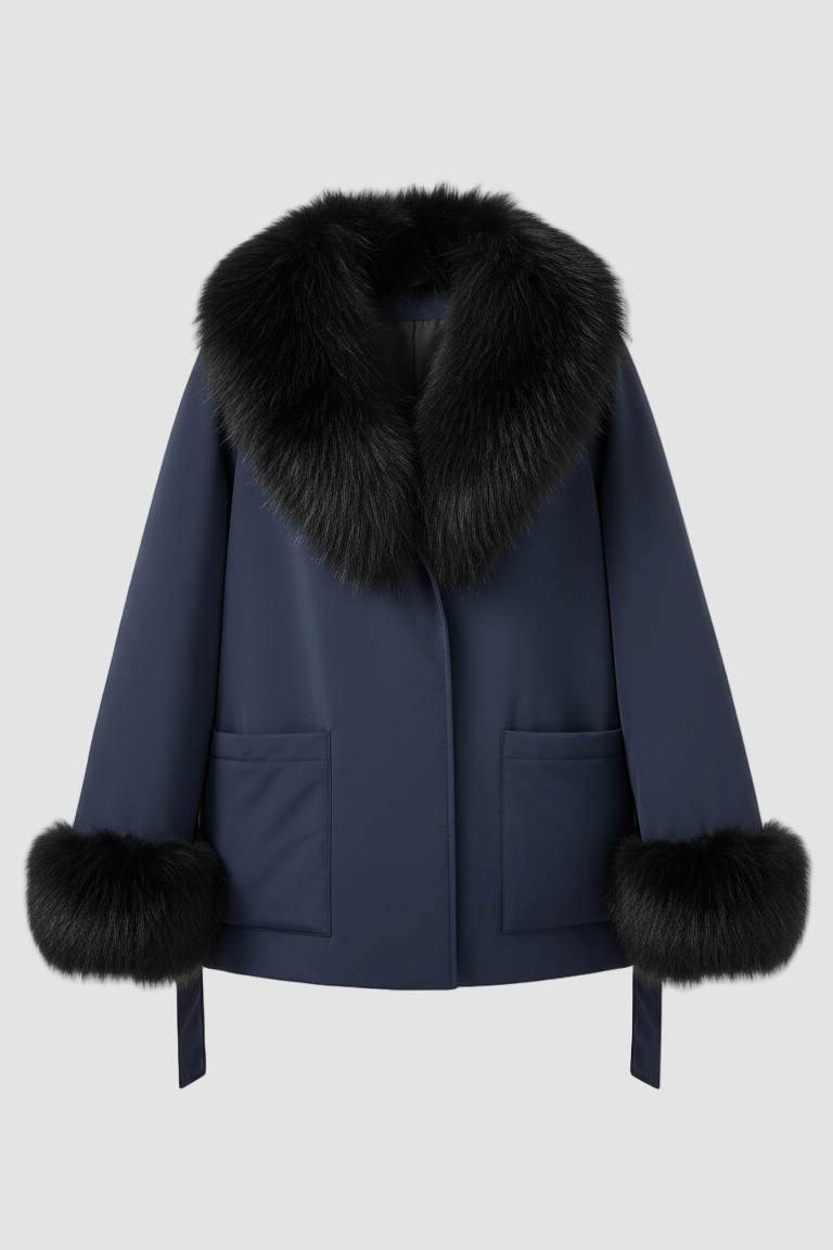 FARLENA coat – full front view with fox fur trim