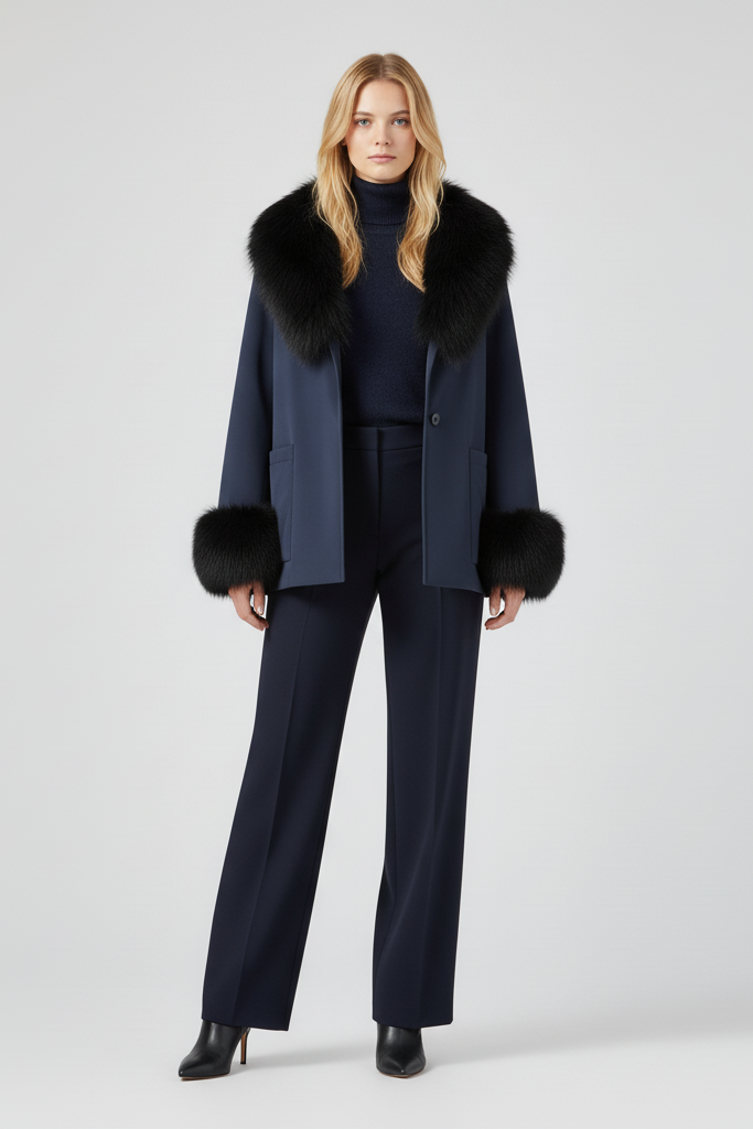 FARLENA coat – model wearing fox fur down coat outdoors