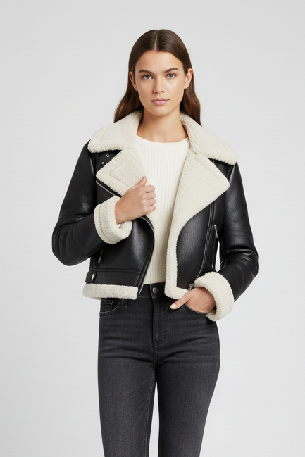 The FARLYN Cozy Fur Cropped Lambswool Leather Jacket redefines the classic shearling silhouette into a modern winter essential