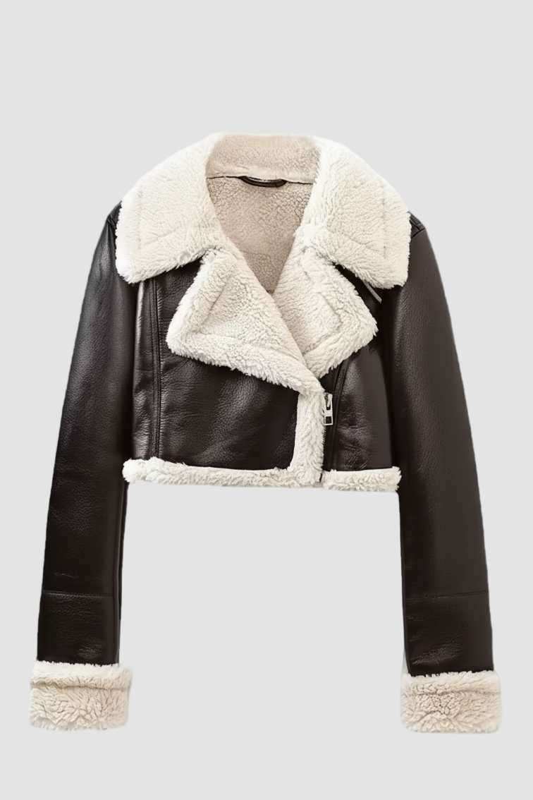 FARLYN cropped PU leather jacket showcasing soft lambswool fold-over collar