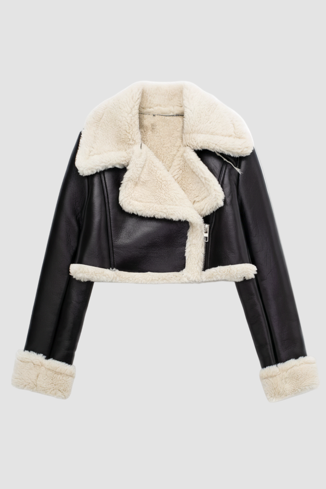 FARLYN cropped lambswool leather jacket with ivory shearling lining, front view