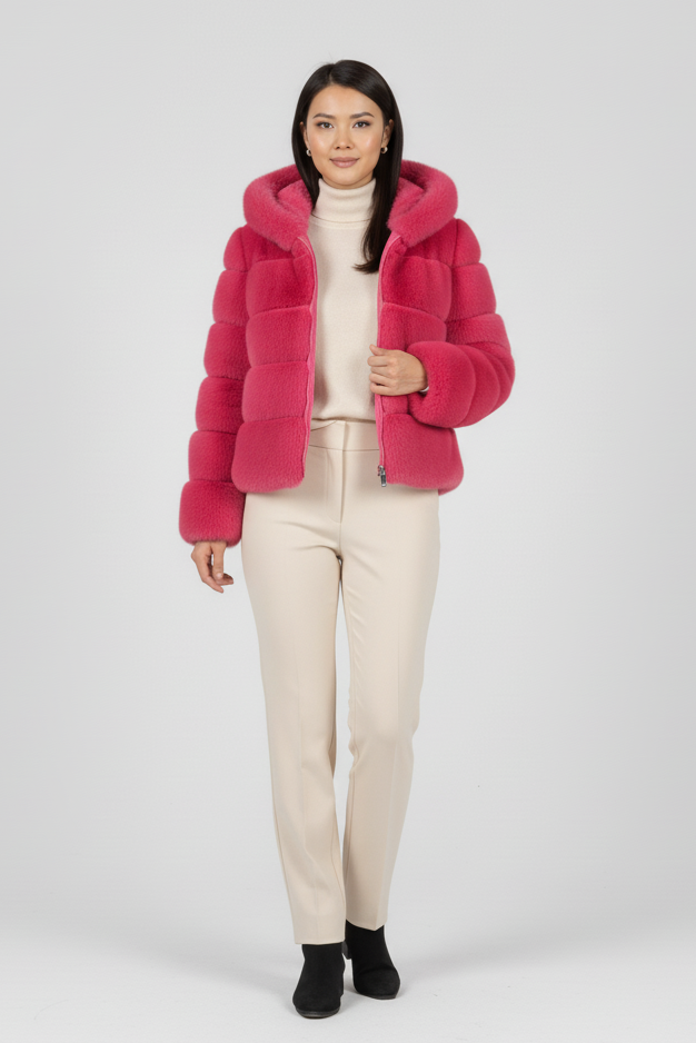 FERALYN faux fur jacket photographed outdoors in natural winter light.