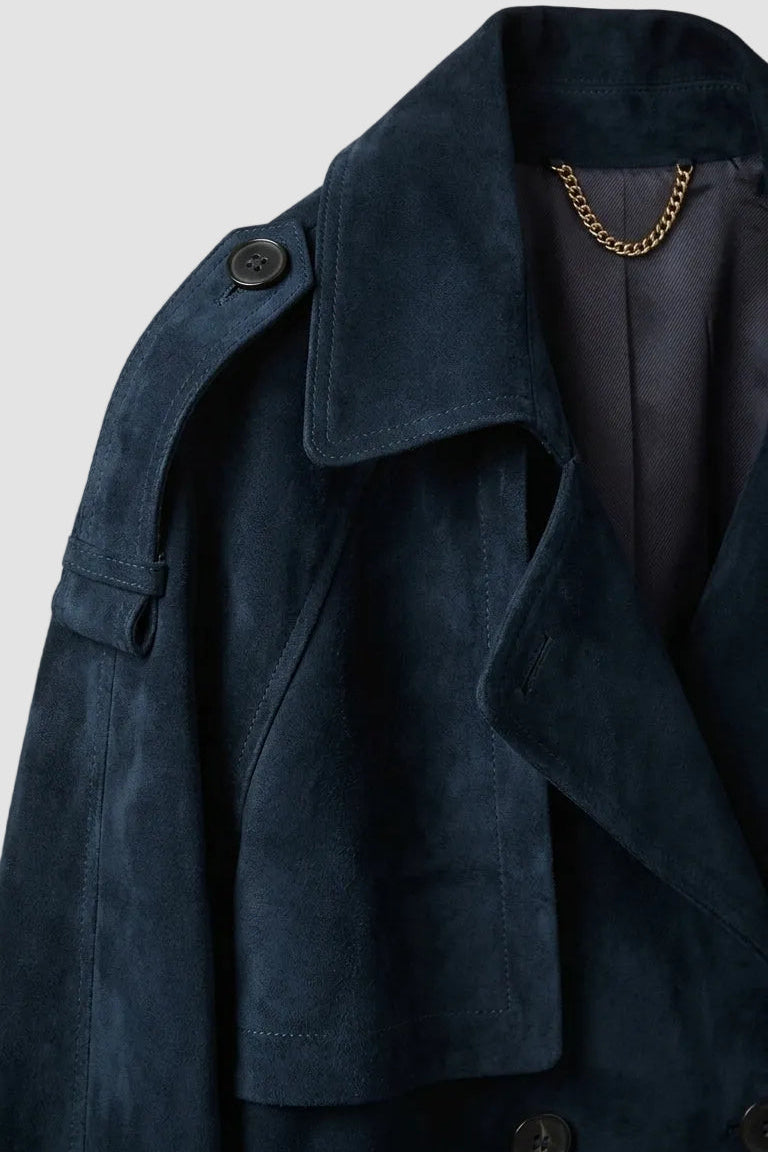 FINLEY - Cropped Suede Mock, dark navy, close-up of collar and chain detail