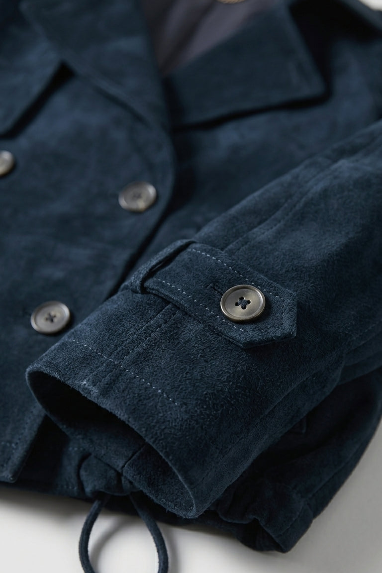 FINLEY - Cropped Suede Mock, dark navy, detail shot of buttons and cuffs