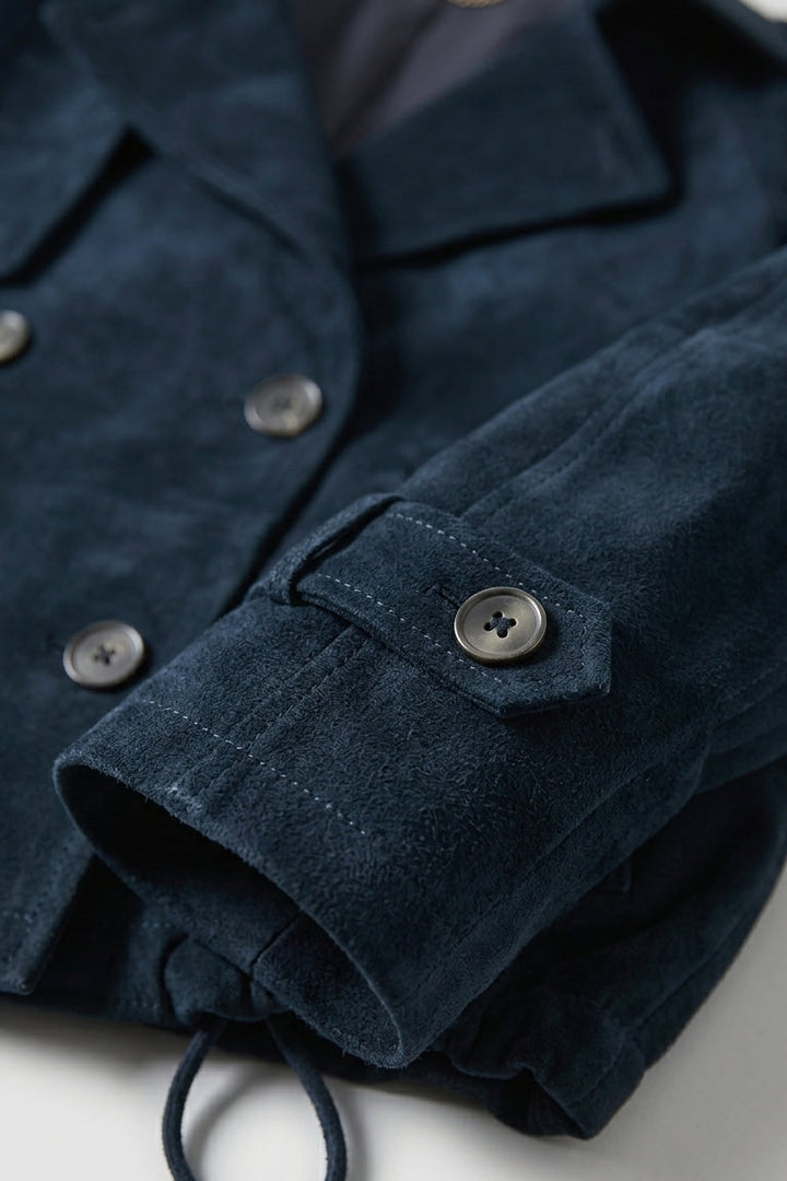 FINLEY - Cropped Suede Mock, dark navy, detail shot of buttons and cuffs