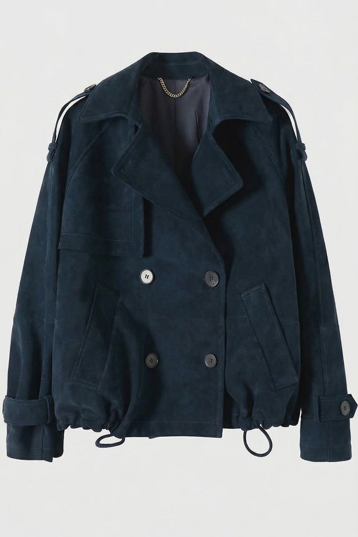 FINLEY - Cropped Suede Mock, dark navy, women's trench coat, full body shot