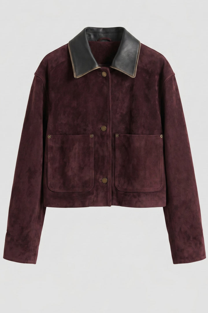 FRANCOISE - Vintage Luxur, burgundy suede jacket, black collar, front view