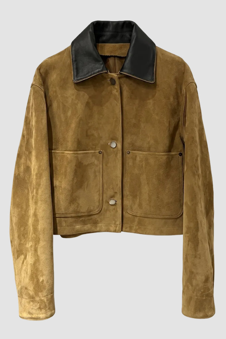 FRANCOISE - Vintage Luxur, tan suede jacket, black collar, front view