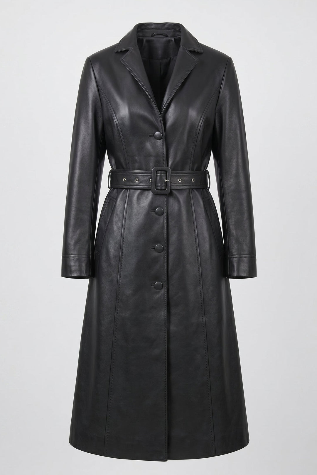 FRANKIE - Belted Long Leather Trench Coat, Black, Button-Front, Lapel Collar