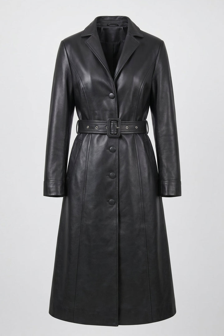 FRANKIE - Belted Long Leather Trench Coat, Black, Button-Front, Lapel Collar