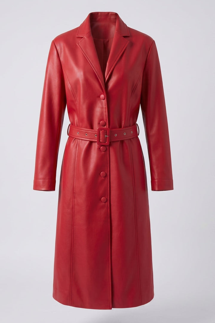 FRANKIE - Belted Long Leather Trench Coat, Red, Button-Front, Lapel Collar