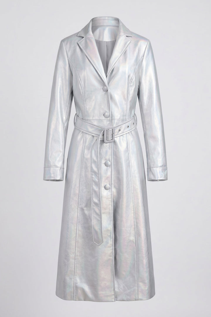 FRANKIE - Belted Long Leather Trench Coat, Silver Holographic, Button-Front, Lapel Collar