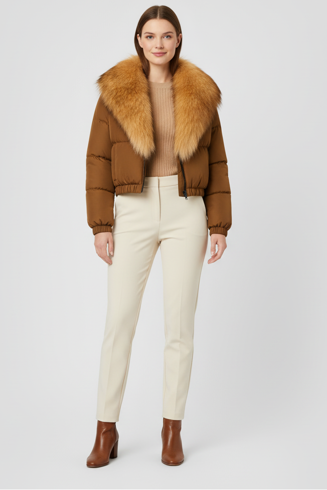 Woman wearing a brown puffer jacket with a fur collar on a white background