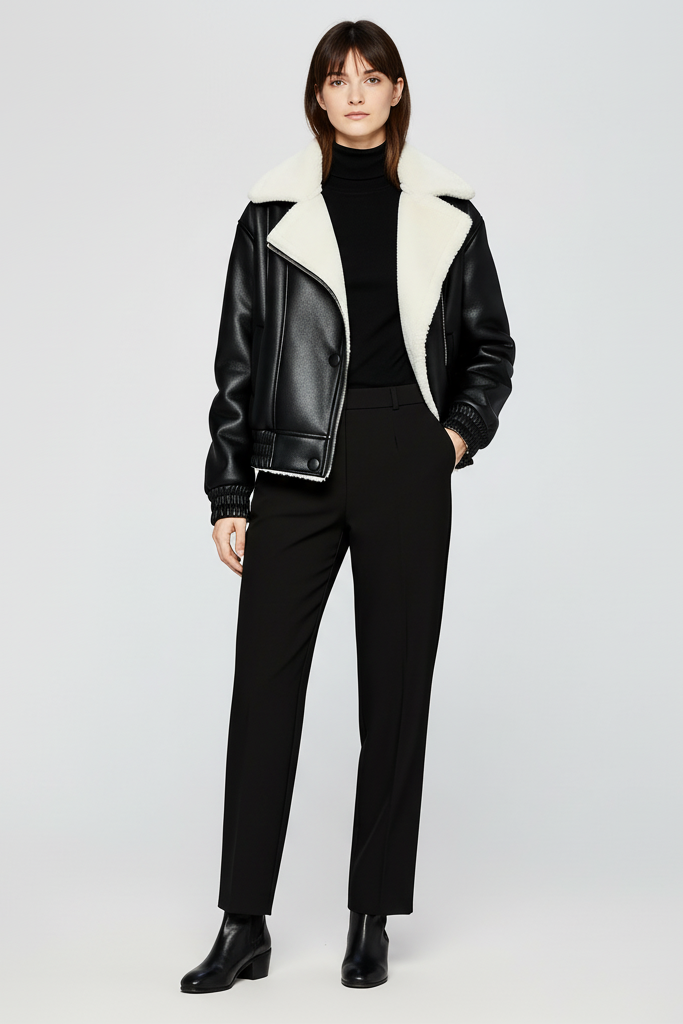 Fashion winter shearling jacket for women with thick fleece collar and structured leather body